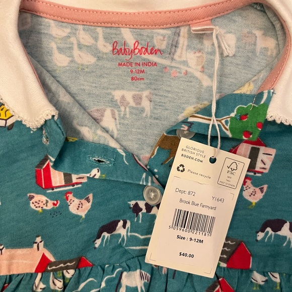 NWT BABY BODEN JERSEY COLLARED DRESS IN BROOK BLUE FARMYARD 9-12 Months - Picture 3 of 3
